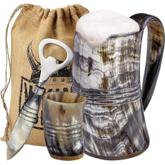 Vikingų kultūra Vikingų geriamųjų indų rinkinys su rago ąsočiu, taure ir butelių atidarytuvu (3 dalių rinkinys) | 0,5 l metrinis ir alaus ąsotis | Vikingų akmuo su rago rankena | gamta - graviravimas: Der Jarl