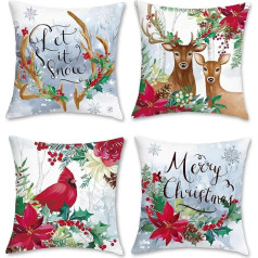 Bonhause pagalvių užvalkalai Kalėdų elnias Žiema 45 x 45 cm Dvipusė Poinsettia gėlės Raudonas aksomas Minkštas dekoratyvinis Kalėdų pagalvių užvalkalas Sofa Kalėdų dekoracijos Pakuotė iš 4