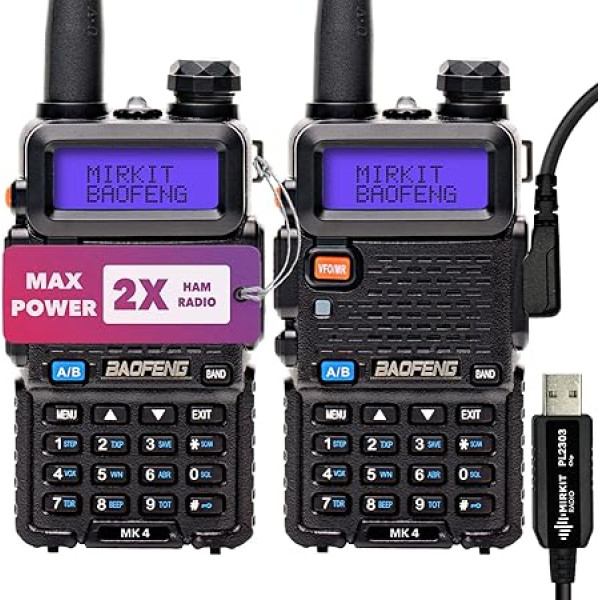 Mirkit 2 x Mirkit Baofeng MK4 Ham Radio Max Power dvipusio ryšio radijo stotis su 1800 mAh ličio jonų akumuliatoriumi ir Mirkit dirželiu Baofeng radijo stočiai bei Mirkit programine įranga Walkie Talkie