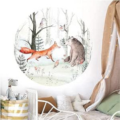 Little Deco DL556 Sieninis lipdukas Vaikų Kambariui Miško Gyvūnai 60 cm Apvalios Sienos Apdailos Žaidimų Kambario Lipdukas Kūdikė Mergaitė Berniukas Medis Lapė Meškiukas