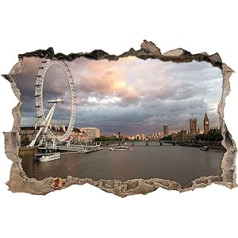 Pixxprint 3D_WD_2829_92x62 London Thames Big Ben Wall Breakthrough 3D sienos lipdukas, vinilas, spalvotas, 92 x 62 x 0,02 cm