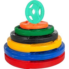 GORILLA SPORTS Olympia svarmenų lėkštės - 1.25kg, 2.5kg, 5kg, 10kg, 15kg, 20kg, 25kg, 30kg svareliai, vienetas/komplektas, 50mm, pagamintos iš ketaus su guminiu griebtuvu, spalvų pasirinkimas - svarmenų plokštės