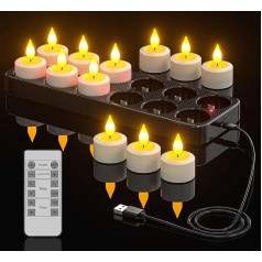 Yme LED arbatos žibintai įkraunami su laikmačiu ir nuotolinio valdymo pulteliu, 12 LED žvakių pakuotė, įkraunamos, mirksinčios, su laikmačio funkcija ir USB įkrovimo stotele, skirtos svetainei, Helovino, Kalėdų šventei