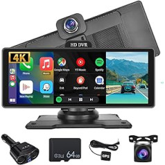 4K ekranas Carplay Android Car Monitor 1440P Dash Cam su GPS ADAS, Hodozzy 10,26 colio IPS jutikliniu ekranu Bluetooth WiFi priekinio ir galinio vaizdo kamera naktinio matymo, kilpos įrašymo parkavimo stebėjimas,