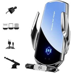Belaidis automobilinis įkroviklis, telefono laikiklis, 15 W greitas įkrovimas, intelektualus automatinis užspaudimas, priekinis stiklas, belaidis įkrovimas, magnetinės galvutės įkrovimas, USB laidas (sidabrinis)