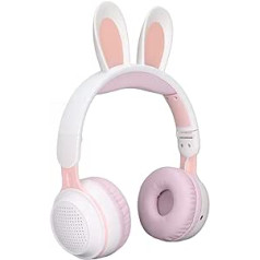 ASHATA sulankstomos „Bluetooth 5.0“ ausinės su mikrofonu, miela triušio ausis, belaidės, uždedamos ausinės žalios spalvos vaikams, paaugliams, suaugusiems, 12 valandų klausymosi, TF/Aux, įmontuotos 7 (balta rožinė)