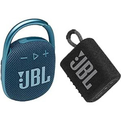 Mėlynos spalvos JBL Clip 4 Bluetooth garsiakalbis – vandeniui atspari, nešiojama muzikos dėžutė su praktiška karabine – iki 10 valandų belaidžio muzikos srauto ir GO 3 maža juodos spalvos Bluetooth dėžutė