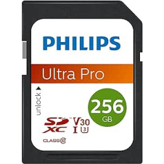 Philips Ultra Pro SDXC kortelė 256 GB UHS-I U3 Skaito iki 100 MB/s V30 SD kortelę, skirtą fotoaparatams, planšetiniam kompiuteriui, kortelių skaitytuvui, 4K UHD vaizdo įrašui