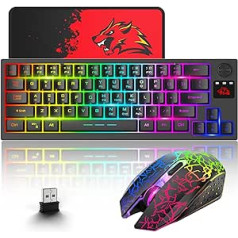 Belaidė žaidimų klaviatūros ir pelės kombinacija, 64 klavišai su mygtuku RGB LED foninio apšvietimo klaviatūra 4000 mAh baterija Įkraunama 2400 DPI vaivorykštės nutildyta pelė + pelės kilimėlis, skirtas kompiuteriniam žaidėjui - juodas