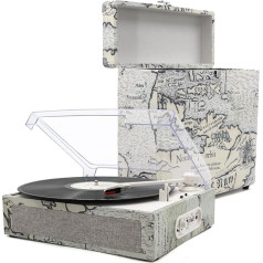 Vinilinių plokštelių grotuvas, vinilinių plokštelių grotuvas su įmontuotais garsiakalbiais, naudojamas vinilinėms plokštelėms, 3 greičių diržinė pavara, senovinis plokštelių grotuvas, palaiko RCA Out AUX su