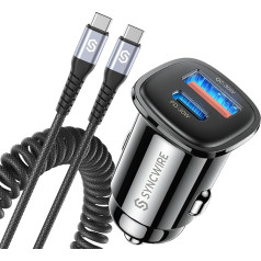 SYNCWIRE 60 W Cigaretės žiebtuvėlio USB C automobilinis įkroviklis PD 30W ir QC 3.0 automobilinis įkroviklio adapteris su 5 pėdų C tipo mobiliojo telefono įkrovimo kabeliu 12 V USB automobilinis įkroviklis iPhone 15 Pro Max, Samsung S23, Google P