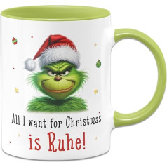 Tassenbrennerei Grinch Mug - All I want for Christmas is Ruhe! - Kavos puodelis su užrašu - juokingas kalėdinis puodelis - kalėdinė dekoracija (žalias)