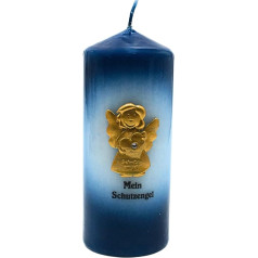 Schutzengelkerze, Stumpenkerze, Tischkerze, Dekokerze, Zierkerze, Taufkerze, Formkerze mit goldenem Schutzengel und Aufschrift Mein Schutzengel, in Blau, H/Ø: HÜZER, v. h/ž, 15 x 6 cm.