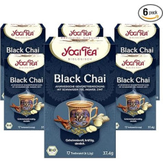 YOGI TEA, Black Chai, Juodoji Chai, Ajurvedinė ekologiška prieskonių ir žolelių arbata, juodosios arbatos, imbiero, cinamono mišinys, Yogi arbata, 6 pakuotės, 6 x 17 maišelių (iš viso 102 arbatos maišeliai), idealiai tinka dovanoms