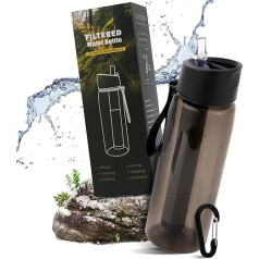 Vandens filtro butelis, lauko vandens filtro butelis su 1500 l talpos filtru, pašalina 99,99 % visų bakterijų ir mikrobų, filtras žygiams, stovyklavimui, išgyvenimui, kelionėms (650 ml) (juodas)