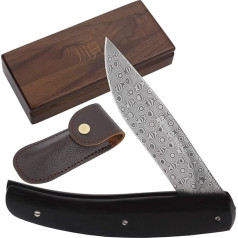 YOUSUNLONG 186 mm sulankstomas kišeninis peilis - idealiai tinka stovyklavimui, išgyvenimui, žygiams, žvejybai - Damasko plieno geležtė - Ebony rankena su odiniu dėklu