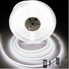 BERIXDEEP COB LED juosta 10 m šaltai baltos spalvos, 24 V šviesos diodų juosta su maitinimo šaltiniu ir nuotolinio valdymo pulteliu, 6000 K, CRI 92+, 8 mm, LED juosta miegamajam, svetainei, televizoriui, virtuvei, 