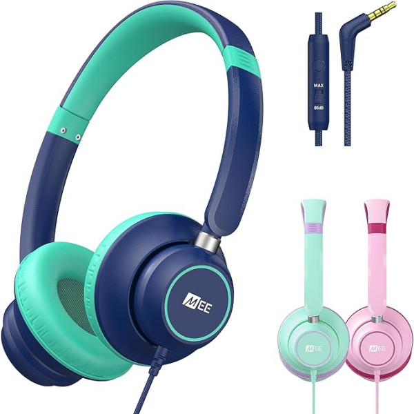 MEE audio KidJamz KJ45 vaikiškos ausinės su garsumo reguliatoriumi, mikrofonu, reguliuojamomis ausinėmis su 3,5 mm lizdu, nesipainiojančiu kabeliu, skirtos mokymuisi internetu, mokyklai, kelionėms ir planšetiniams kompiuteriams