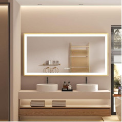 LUVODI Vonios veidrodis su apšvietimu, 120 x 60 cm: Prabangus didelis LED vonios veidrodis su auksiniu aliuminio rėmeliu, apsauga nuo rūko, reguliuojamas apšvietimas, 3 šviesos spalvos, skirtas vonios kambariui, prieškambariui, drabužinei