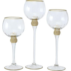 WHOLE HOUSE WORLDS City Chic Glam Chalice Candle Holders Set of 3 Artificial Diamond Embellished Gold Accent Clear Lacquered Glass 40cm 35cm 30cm