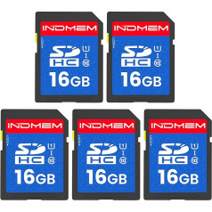 INDMEM SD kortelė 16GB 5 pakuotės, SD atminties kortelė 16GB UHS-I SDHC U1 10 klasės, didelės spartos 16GB SD kortelė, skirta skaitmeniniam fotoaparatui, kompiuteriui, sekimo kamerai