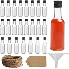 BELLE VOUS Pakuotė iš 24 mažų butelių alkoholiui pilstyti - 50 ml daugkartinio naudojimo tušti maži šnapso buteliukai iš plastiko su užsukamu dangteliu, džiuto virvele, pakabukais ir piltuvėliu
