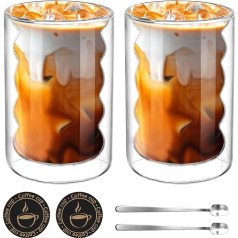 2 Latte Macchiato stiklinių rinkinys, 350 ml dvigubų sienelių stiklinės su 2 šaukšteliais ir 2 padėkliukais, dvigubos sienelės, pagamintos iš borosilikatinio stiklo, skirtos kapučino, latte, arbatai, ledams, šaltai arbatai,