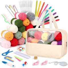 Katech nėrimo rinkinys pradedantiesiems, 20 vilnos nėrimui ir mezgimui, nėrimo kabliukų rinkinys 2,0-6,0 mm ergonomiškos nėrimo kabutės, nėrinių nėrimo kabliukai 0,6-1,9 mm, mezgimo rinkinys pradedantiesiems, nėrimo rinkinys krepšys