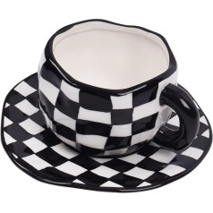 Koythin Keraminių kavos puodelių su padėkliukais rinkinys, naujoviškas juodai baltas languotas kavos puodelis biurui ir namams, 10 oz/300 ml puodeliai Latte arbatai su pienu