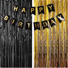 Schwarz-goldene Geburtstagsdekorationen, 2 Stück Lametta-Folienvorhänge, Türschlangen, Party-Hintergrund, Schwarz und Gold Happy Birthday Banner Wimpelkette mit Folienfransen Vorhang für Happy