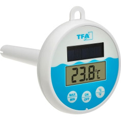 TFA Dostmann 30.1068.02 Skaitmeninis baseino termometras su saulės energija, plūduriuojantis vandenyje, tinka baseinui/tvenkiniui/plaukimo baseinui/karštam kubilui, su tvirtinimo virvele (1 m), saulės energija, baltas/mėlynas