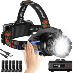 TININ LED įkraunamas priekinis žibintas, itin ryškus 100 000 liumenų žibintas su jutikliu, įkraunamas priekinis žibintas, 5 šviesos režimai ir reguliuojamas 90° kampu, IPX7 vandeniui atsparūs LED žibintai, skirti stovyklavimui ir žvejybai