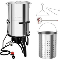 ROVSUN 50QT kalakutienos keptuvė su krepšeliu ir stovu, nerūdijančio plieno jūros gėrybių keptuvė, vėžių keptuvė su 54000BTU propano dujų degikliu, termometru, pakėlimo kabliu ir atraminiu stovu, skirta kepti lauke