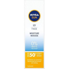 NIVEA UV Face Moisture Mousse SPF50 (75 ml), Q10 veido kremas nuo saulės UV veido kremas drėkinamasis kremas su SPF50, skirtas kasdieniam naudojimui, apsaugantis nuo saulės ir suteikiantis momentinę UVA/UVB apsaugą