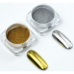 Metalo chromo milteliai, 2 stiklinės nagų meno veidrodžio blizgučių efekto chromo pigmentų milteliai dulkės aukso sidabro chromo nagų milteliai manikiūro patarimai su kempinėlių aplikatoriais
