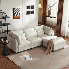Kecduey Sofa, 3 vietų sofa, L formos kampinė sofa, modernus dizainas, minkšti baldai, sofa, trijų vietų sofa, svetainės sofa, kampinė sofa su koja, su miego funkcija (smėlio spalvos)
