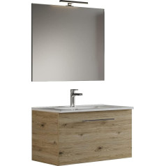 Mama Store GEA1 80 Sieninė 60 cm natūralaus ąžuolo spintelė su kriaukle, veidrodžiu ir LED šviestuvu, L 62 x W 46 x H 45 cm