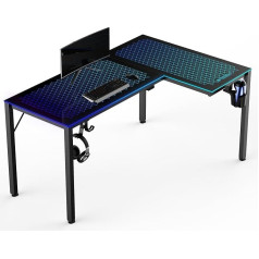 Eureka Ergonomic Stiklinis žaidimų stalas su LED 152 x 102 cm RGB žaidimų kampinis L formos didelis kompiuterio stalas su muzikos sinchronizavimo funkcija, programėlių valdymu, ausinių kabliuku, gėrimų laikikliu