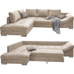Luma-Home Schönes Für Dein Zuhause Graži velvetinė kampinė sofa su miego funkcija, bangų atrama, jauki L formos sofa 298 x 202 cm, ilgas krėslas su ottomanu kairėje, sofa su smėlio spalvos velvetiniu audiniu, 2 pilkos spalvos dekoratyvinės pagal