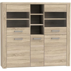 Newroom Sonoma ąžuolinė vitrina - 146,3 x 137,4 x 41,3 cm (plotis x aukštis x gylis) - Stiklinė vitrina Stovinti vitrina Stiklinė vitrina - [Cosima.Four] Svetainės biuras