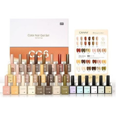 CANNI 24 dalių UV nagų lako rinkinys Nude Brown Glitter Gold Red su spalvų diagrama ir pagrindiniu sluoksniu ir blizgiu viršutiniu sluoksniu ir matiniu viršutiniu sluoksniu ir gruntu ir dehidratoriumi ir sustiprinančiu geliu nagų studijos dizaino p