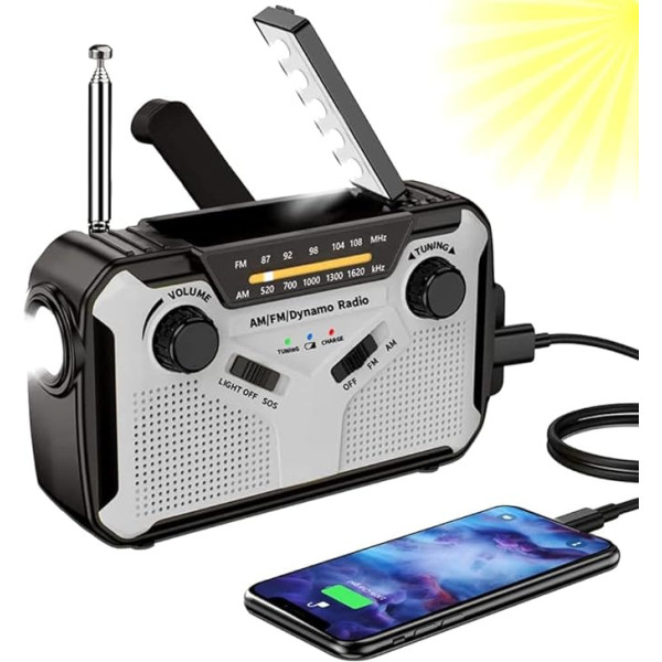 Saulės radijo imtuvas, AM/FM nešiojamasis radijo imtuvas su 4000 mAh įkraunama baterija, LED žibintuvėliu, SOS signalu, skirtas stovyklavimui, lauko / avarinei situacijai (pilkas)