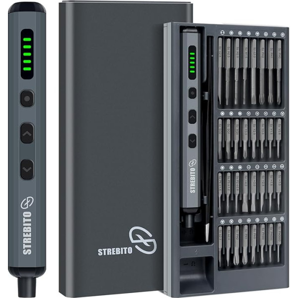 STREBITO mini elektrinių atsuktuvų rinkinys, 70 in 1 mažas elektrinis akumuliatorinis atsuktuvas - 64 S2 tikslūs antgaliai, 5 sukimo momento nustatymai, 4 LED lemputės, mini elektrinių atsuktuvų remonto įrankių rinkinys