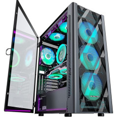 MUSETEX ATX kompiuterio korpusas su 6 PWM ARGB ventiliatoriais, daugiakampio tinklelio kompiuterinių žaidimų korpusas, atidaromas grūdinto stiklo šoninis skydelis, USB 3.0 x 2, juodas, NN8