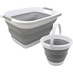 SAMMART 2 dalių rinkinys: 25 l sulankstomas plastikinis skalbinių krepšys ir 5,5 l sulankstomas kibiras / puodas vandeniui (skalbinių krepšys + kibiras, pilka + pilka)