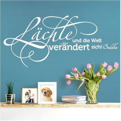 W3464 Sienų tatuiruotė Citata Buddha Smile and the World Changes I White 80 x 36 cm I Hallway Self-Adhesive Sticker Sienų lipdukai