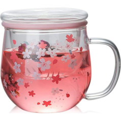 300 ml stiklinis arbatos puodelis su sieteliu ir dangteliu, rožinis gėlių raštas