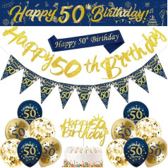 Mėlyna auksinė Laimingo 50-ojo gimtadienio balionai Bunting vėliavos juostos Torto dekoracijos vyrams moterims Mėlyna 50-ojo gimtadienio vakarėlio reikmenys