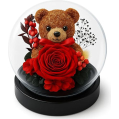 Ewige Rose, natürlich, konserviert, konservierte Rose mit Bär, Blumenstrauß in Glaskuppel, Weihnachten, Geschenke für Damen, Mama, Valentinstag, Geschenk zum Muttertag