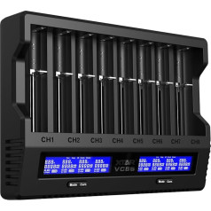 XTAR VC8S 18650 universalus baterijų įkroviklis USB C greitasis įkroviklis su LCD ekranu, talpos testavimu ir 8 įkrovimo lizdais, skirtas 1,2 V AA 21700 26650 įkraunamoms baterijoms - baterijų įkroviklis (VC8S KT)
